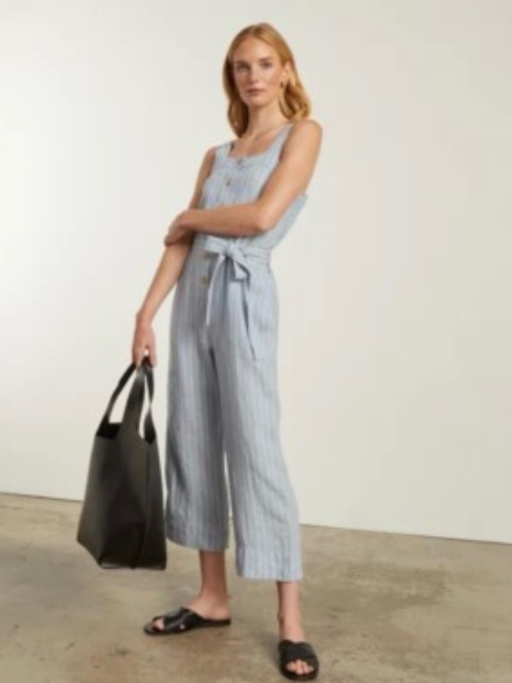 Everlane Sz 2 Gray Pinstripe 100% Linen Jumpsuit with Tie Waist and Pockets